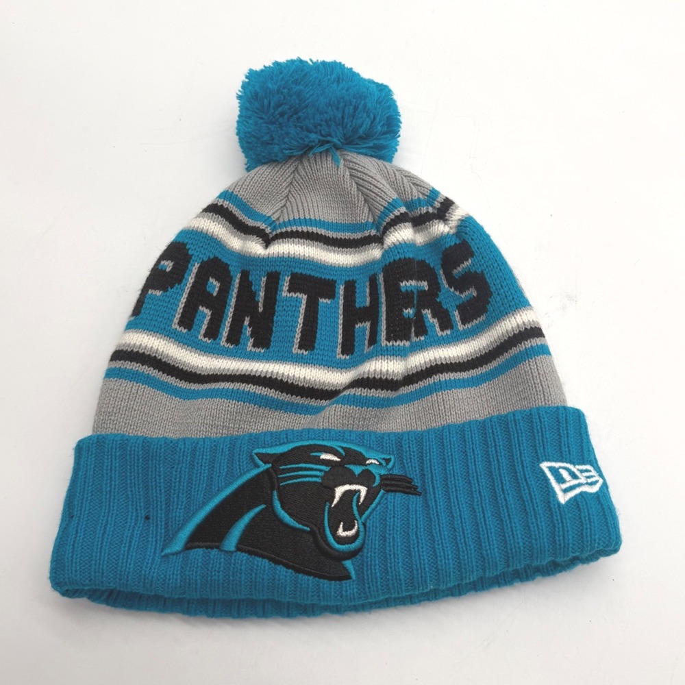 New Era Carolina Panthers NFL Pom Beanie Gray Teal Blue Cuffed Knit Hat